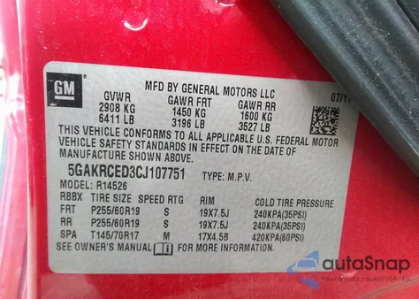 2012 Buick Enclave Leather z USA, uszkodzony, nr VIN 5GAKRCED3CJ107751